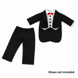Black and silver tuxedo outfit for 18-inch boy dolls with red bow tie, white shirt front, silver vest, and matching black pants.