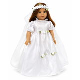 18-inch doll wearing a white wedding dress with rose accents and a flower veil decorated with pearls.