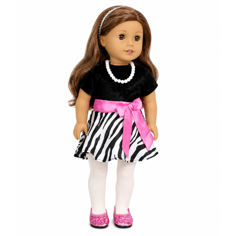An 18-inch doll wearing a zebra-striped dress with a black bodice, pink bow at the waist, and a pearl necklace.