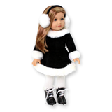 An 18" doll wearing a black and white ice skating dress with fur trim and matching earmuffs.